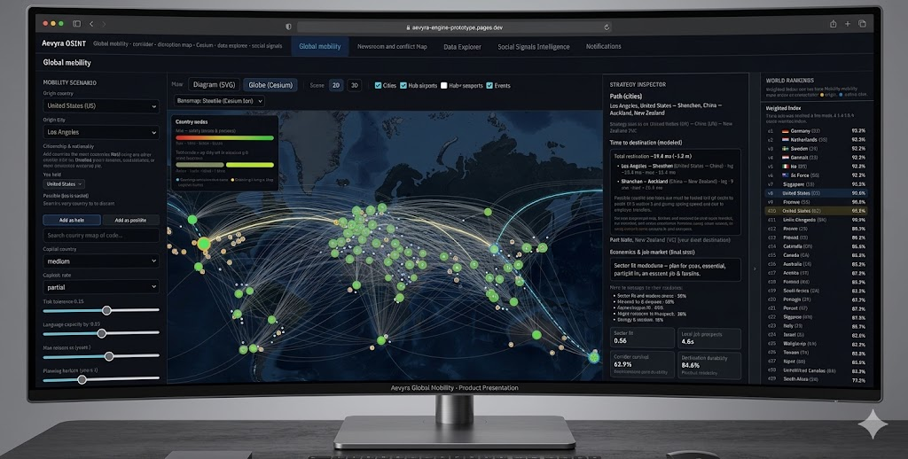 Aevyra OSINT Global mobility dashboard: world map with mobility corridors, strategy inspector, and world rankings.