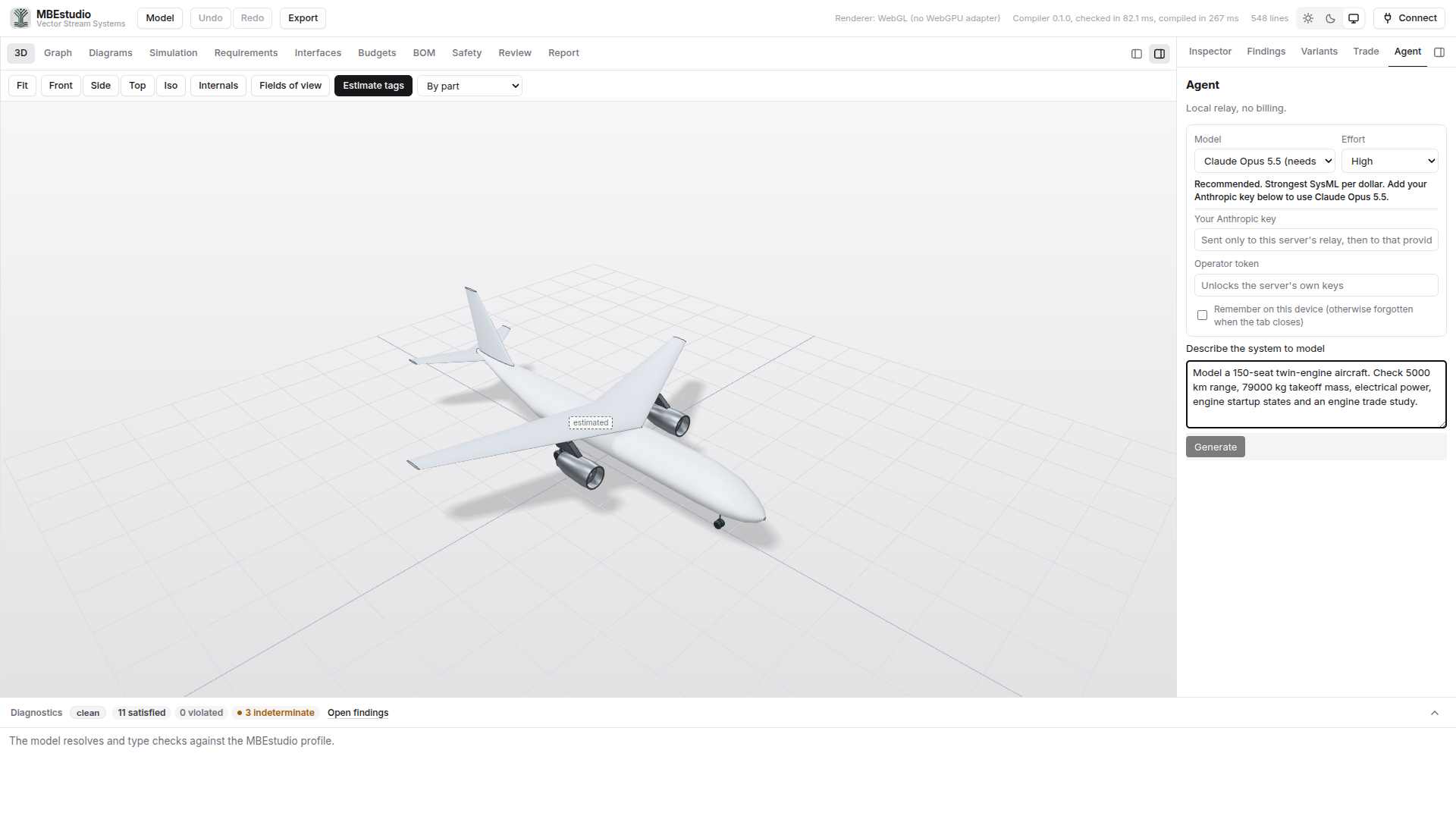 The midsize aircraft in MBEstudio, with the 3D model and Agent panel visible.